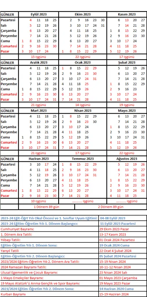 2023-2024 Eğitim Öğretim yılı çalışma takvimi