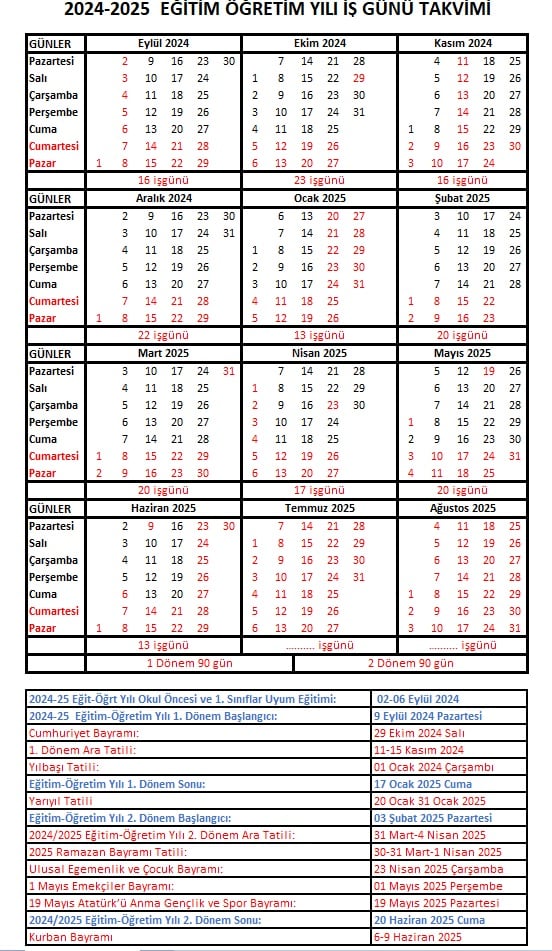 2024-2025 EĞİTİM ÖĞRETİM YILI ÇALIŞMA TAKVİMİ