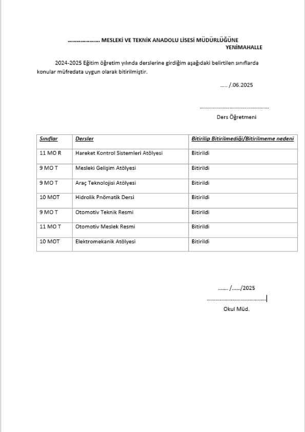YIL-SONU DERS BİTİRME FORMU