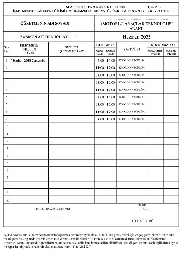 İşletmede mesleki eğitim dersi öğretmen formu. form 12