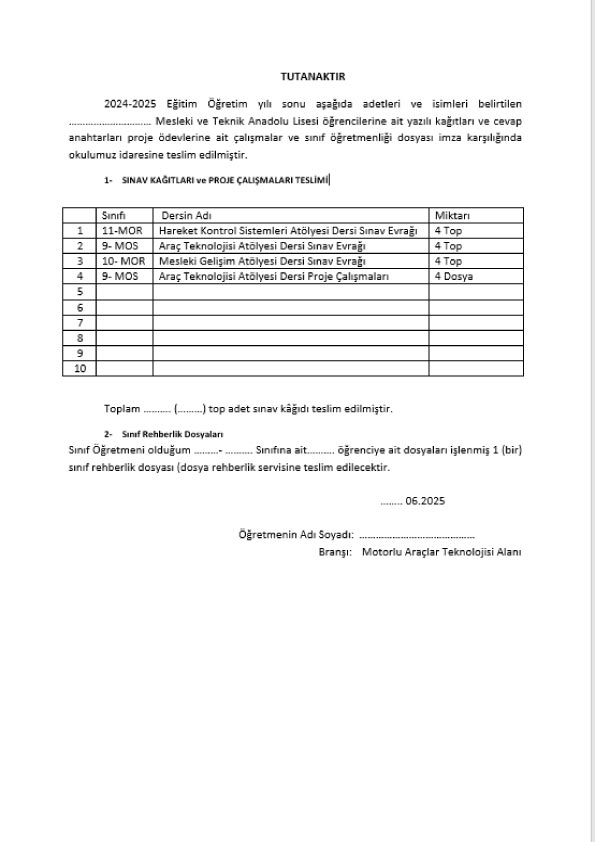 Yazılı teslim Tutanağı