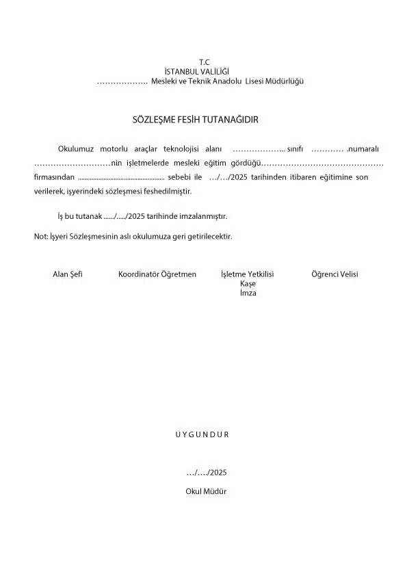 işyeri fesih tutanağı